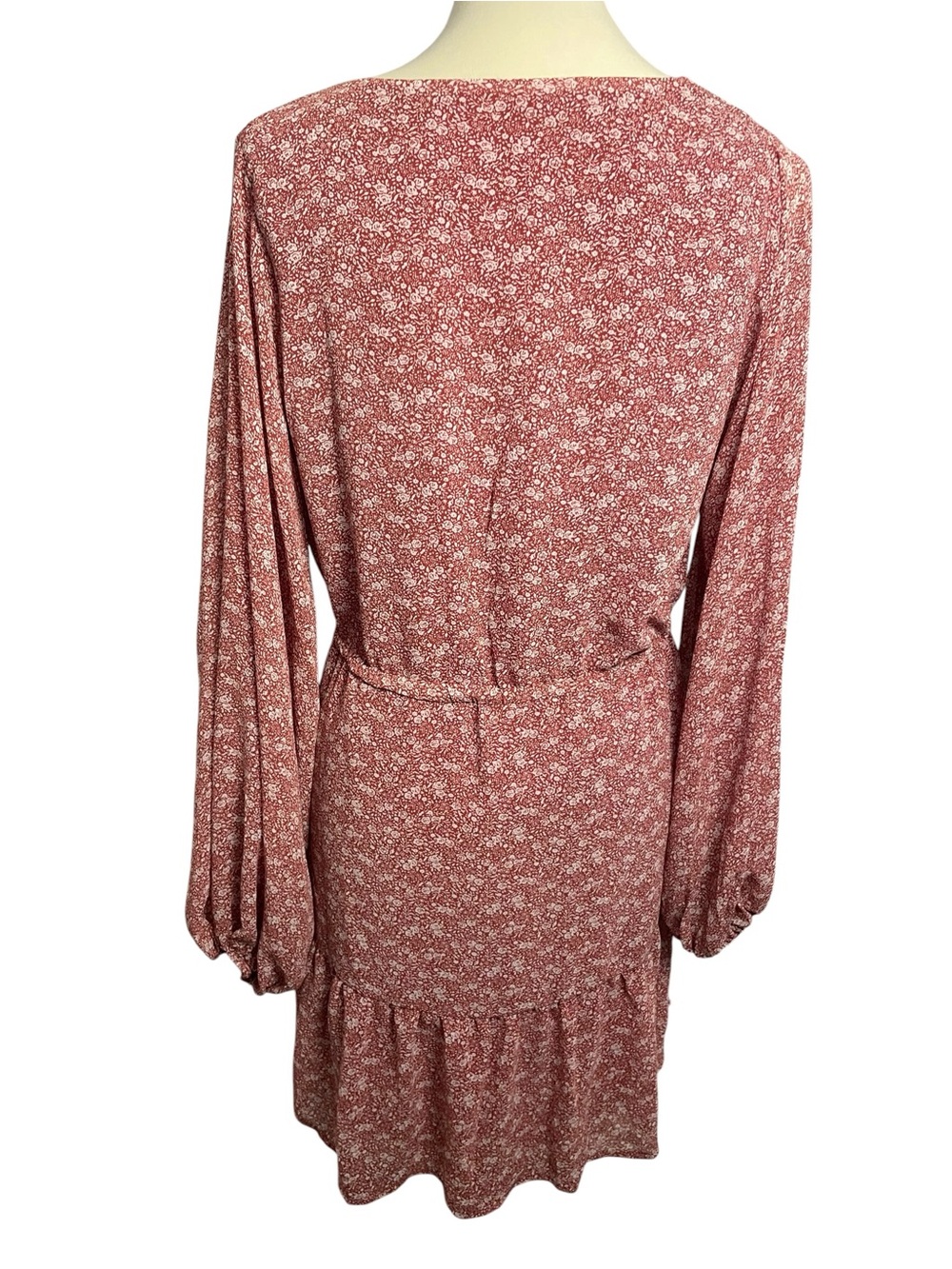 V-Neck Drawstring Waist Long-Sleeve Mini Dress — Rose - Picture 4 of 8